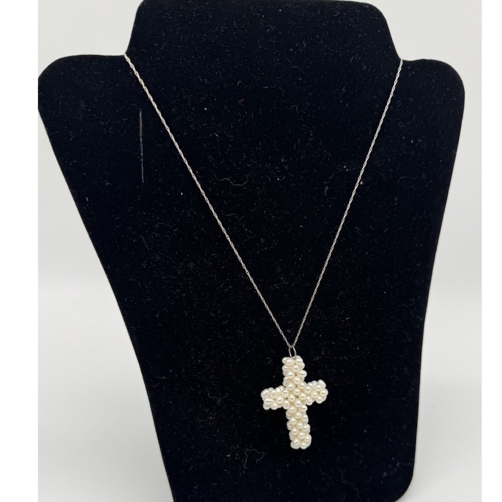 Sterling Silver 925 White Freshwater Pearl Woven Cross Pendant Necklace 20 In
